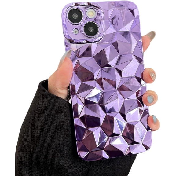 Compatible with iPhone 15 Case for Women Girls,3D Diamond Pattern Electroplate Plating Glitter Glossy Soft TPU Shockproof Protective Slim fit Flexible Phone Case (Purple, iPhone 15)