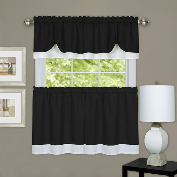 Darcy Window Light Filtering Curtain Tier and Valance Set - 58" x36 - Black/White