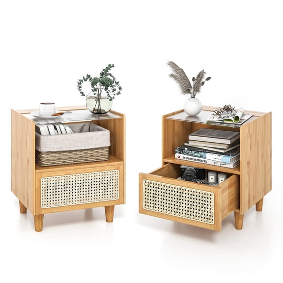 2PCS Bamboo Rattan Nightstand Boho Bedside End Table w/ Drawer Wood Legs Natural