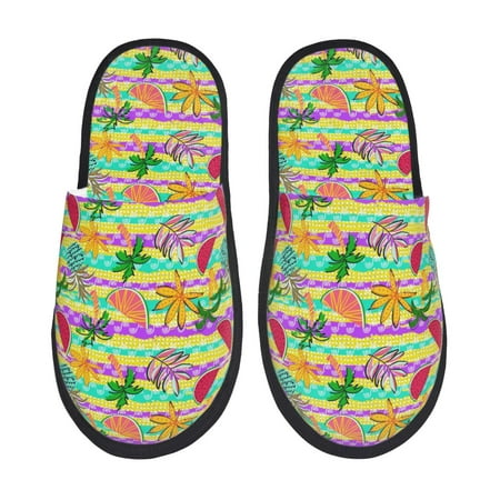 

Honeii Multicolored Tropical print Slippers Memory Foam House Bedroom Slippers for Women and Men Fuzzy Plush Comfy Faux Fur Lined Slide Shoes-Medium