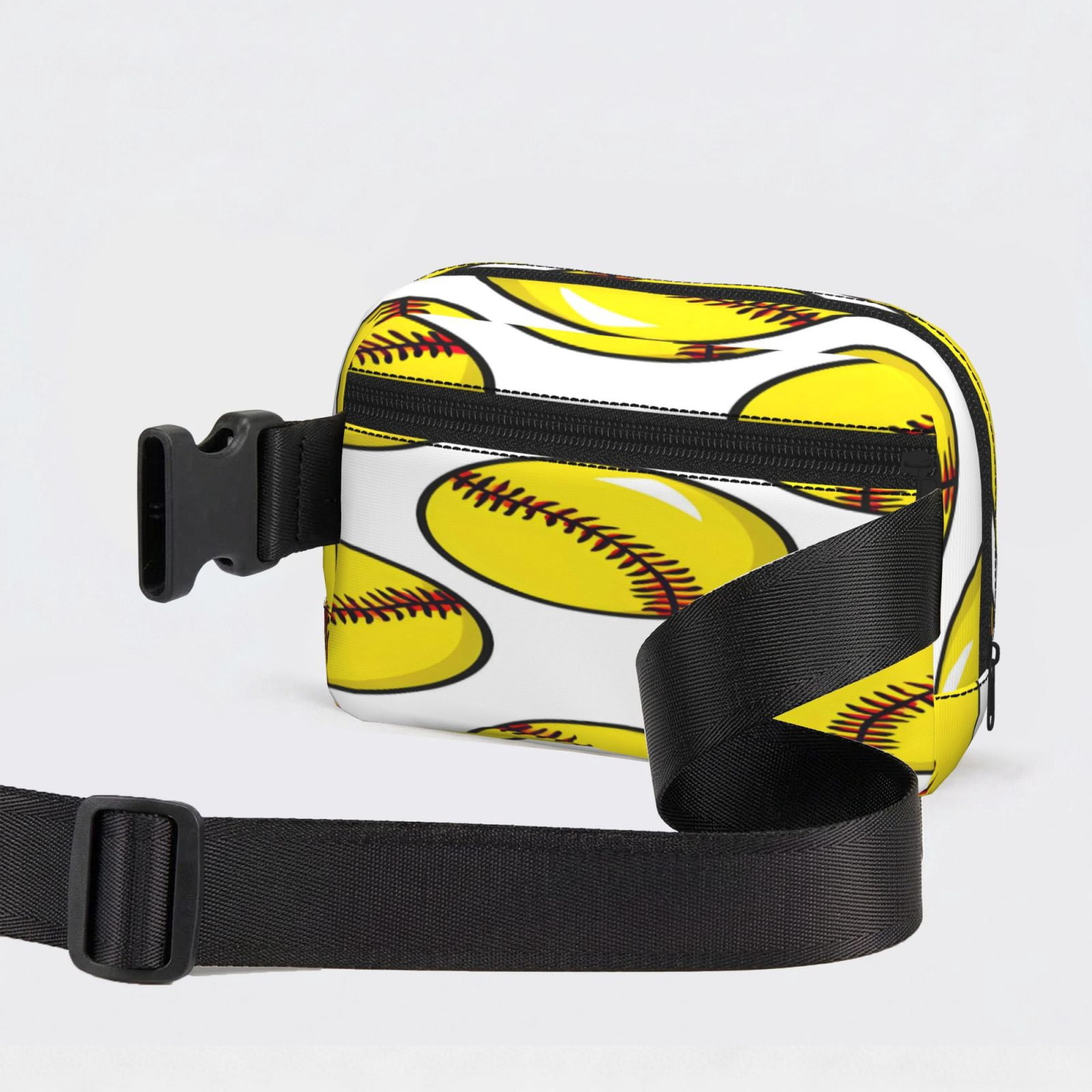 Unisex Square Waist Bag Stylish Backpack For Hiking Running Fitness Workouts Shopping And Travel Yellow Softballs With Red Stitching Clean White Background (4)