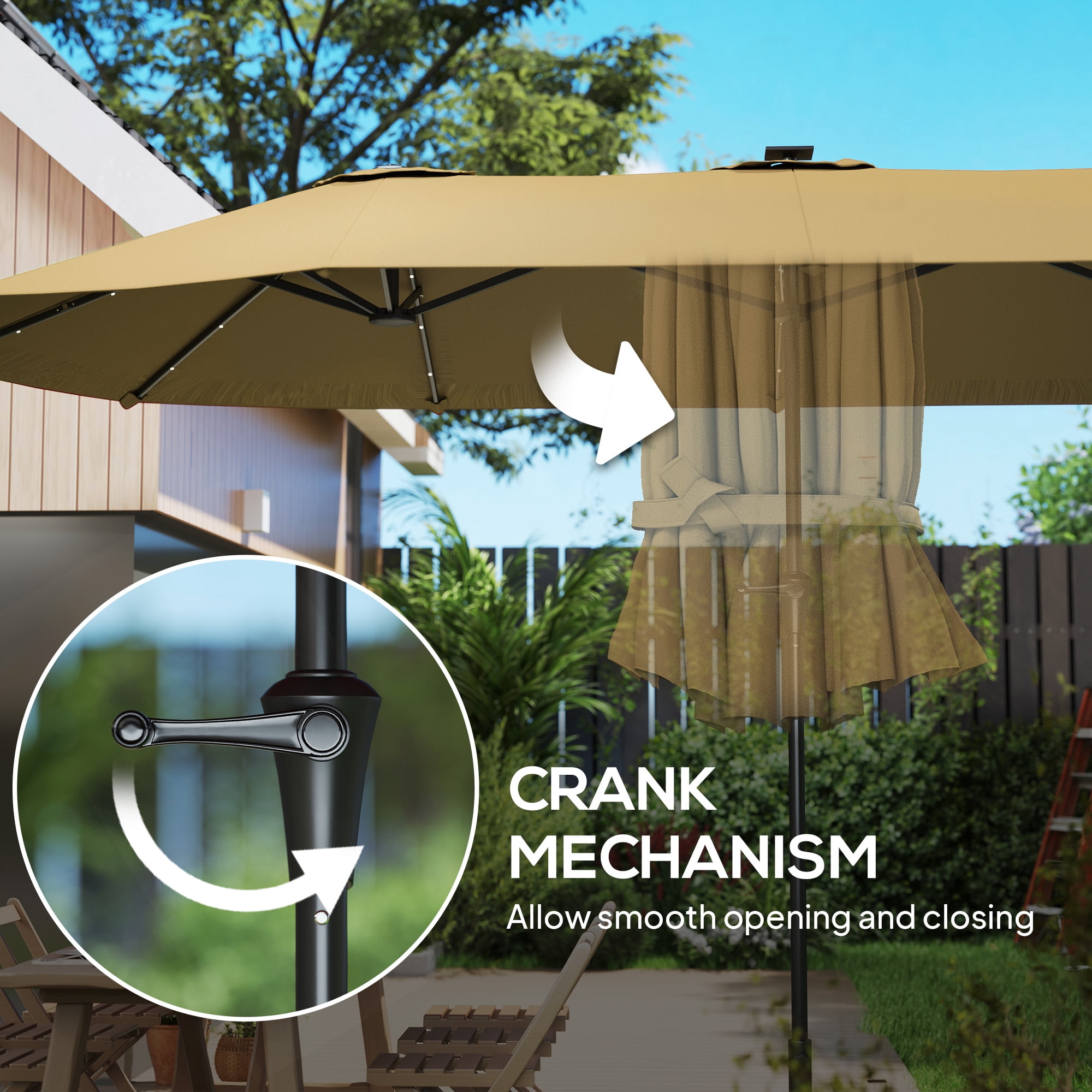 Outsunny 13' Large Patio Umbrella with Solar Lights, Double-Sided Outdoor Market Umbrella with Crank, 48 LED Lights for Garden, Pool, Yard, Khaki