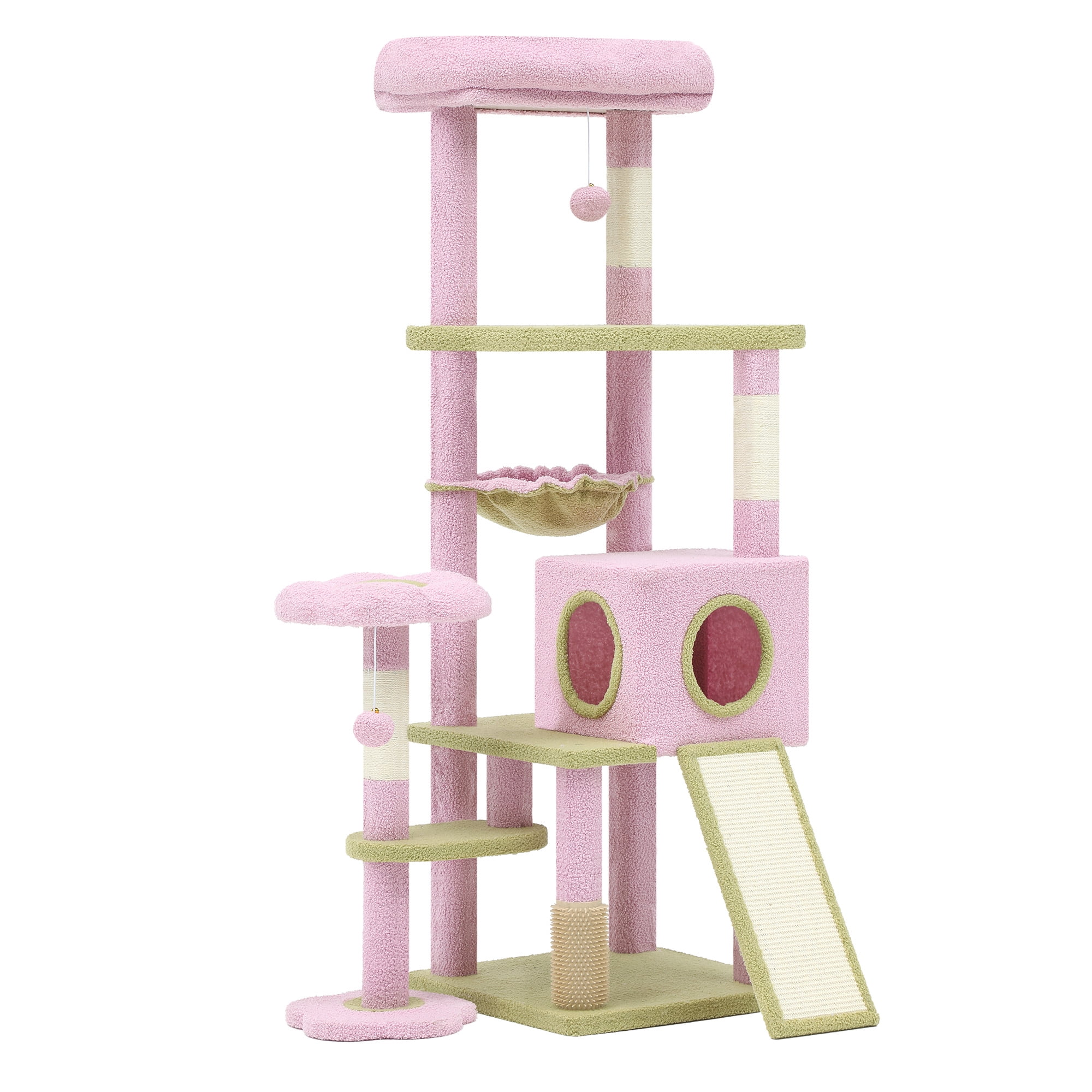 Uforic 61" Large Flower Cat Tree Tower with Hammock, Sisal Scratching Posts and Cat Scratched Board, Pink & Green