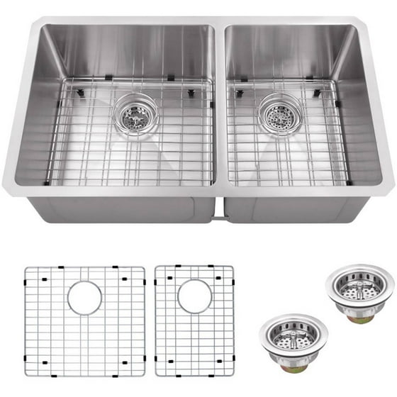 Magnus Sinks 32 In X 19 16 Gauge Stainless Steel 60 40 Kitchen Sink With Grid Set And Drain Assemblies