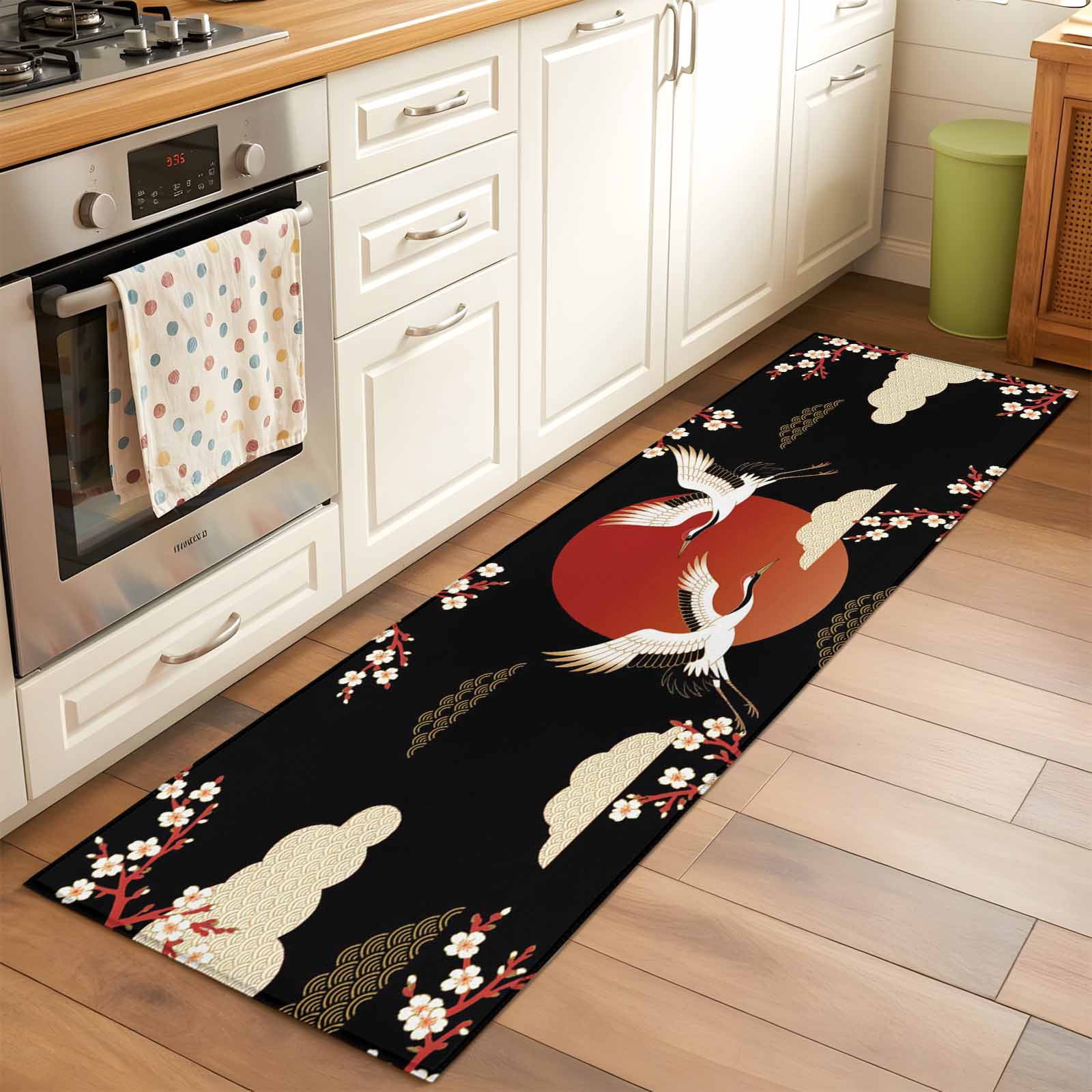 Japanese Style Area Rugs Collection 2'x6', Modern Cranes Cherry Flower Wave Red Brown Non Slip Indoor Rectangle Throw Runner Rug Floor Mat Carpet for Living Room Dining Table Bedroom Nursery