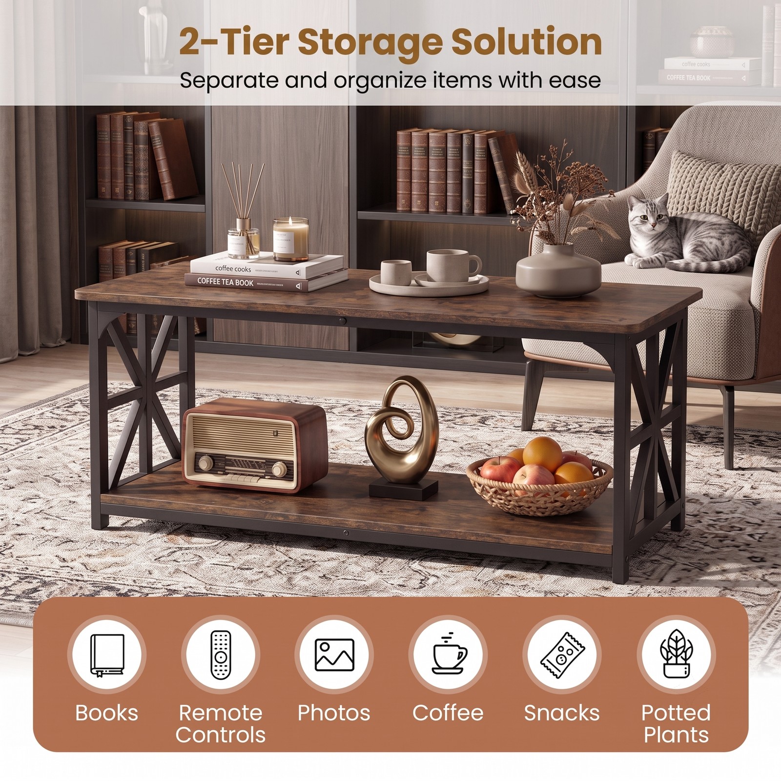 Furnibear 2-Tier Coffee Table with Storage Shelf, Rustic Farmhouse Center Cocktail Table, Wood Look Top with Carbon Steel Frame and X-Shaped, Rustic Brown & Black