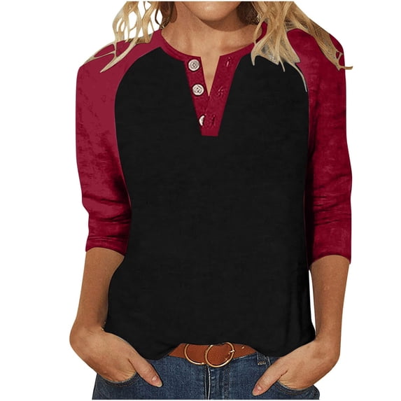 Women Tees Shirts Tops Raglan Three Quarter Sleeve Contras Color Half Button 2025 Fall Outfits