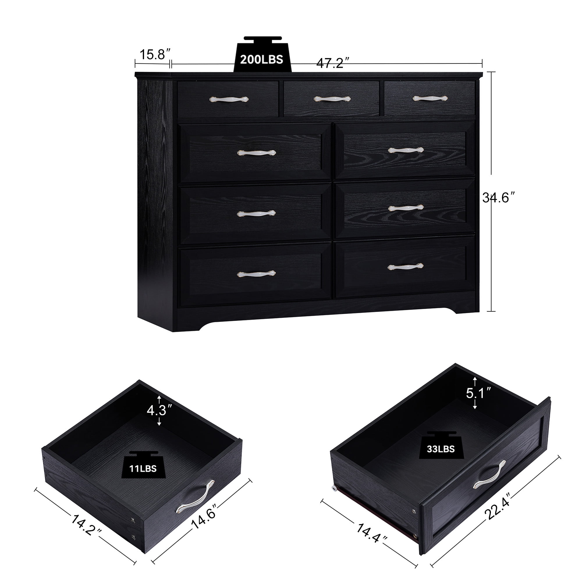 Kadyn 9 Drawer Long Dresser, Nursery Dresser with Antique Handles, Chest Of Drawers for Kids Room, Entry And Hallway, Black Kadyn 9 Drawer Long Dresser, Nursery Dresser with Antique Handles, Chest Of Drawers for Kids Room, Entry And Hallway, Black