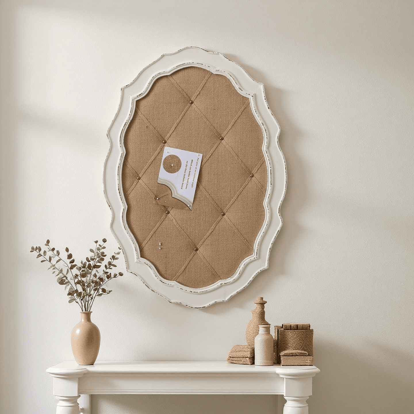 SOFE 19.7x28 Inch Oval Linen Bulletin Board for Wall - White Wood Framed Pin Board, Horizontal or Vertical Hanging Memo Display Board for Home Office, Bedroom, Living Room Decor