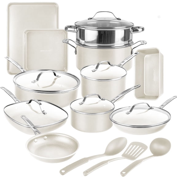 Gotham Steel Crème Ensemble Batterie de Cuisine et Pâtisserie 20 Morceaux Antiadhésif Céramique Poignées Inox et Ustensiles Compatible Lave-vaisselle et Four