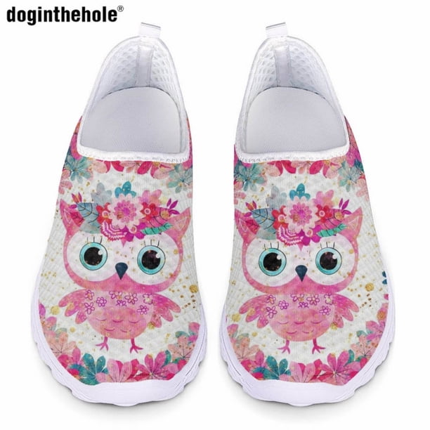 Zapatos casuales con estampado de búho de dibujos animados de Doginthehole para mujer, zapatos planos deportivos para exteriores, zapatos de verano cómodos y transpirables de malla sin cordones