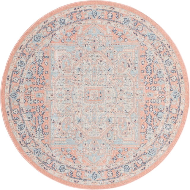 Unique Loom Whitney Medallion Border Rug 5' x 5' Round Powder Pink/Ivory