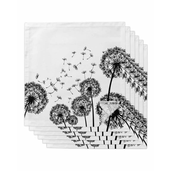 Dandelion Cloth Napkins Set of 6 Reusable Dinner Napkins, Black White Modern Country Rustic Plants Cocktail Napkin Washable Table Napkins for Wedding/Holiday Party/Baby Shower 20"x20"