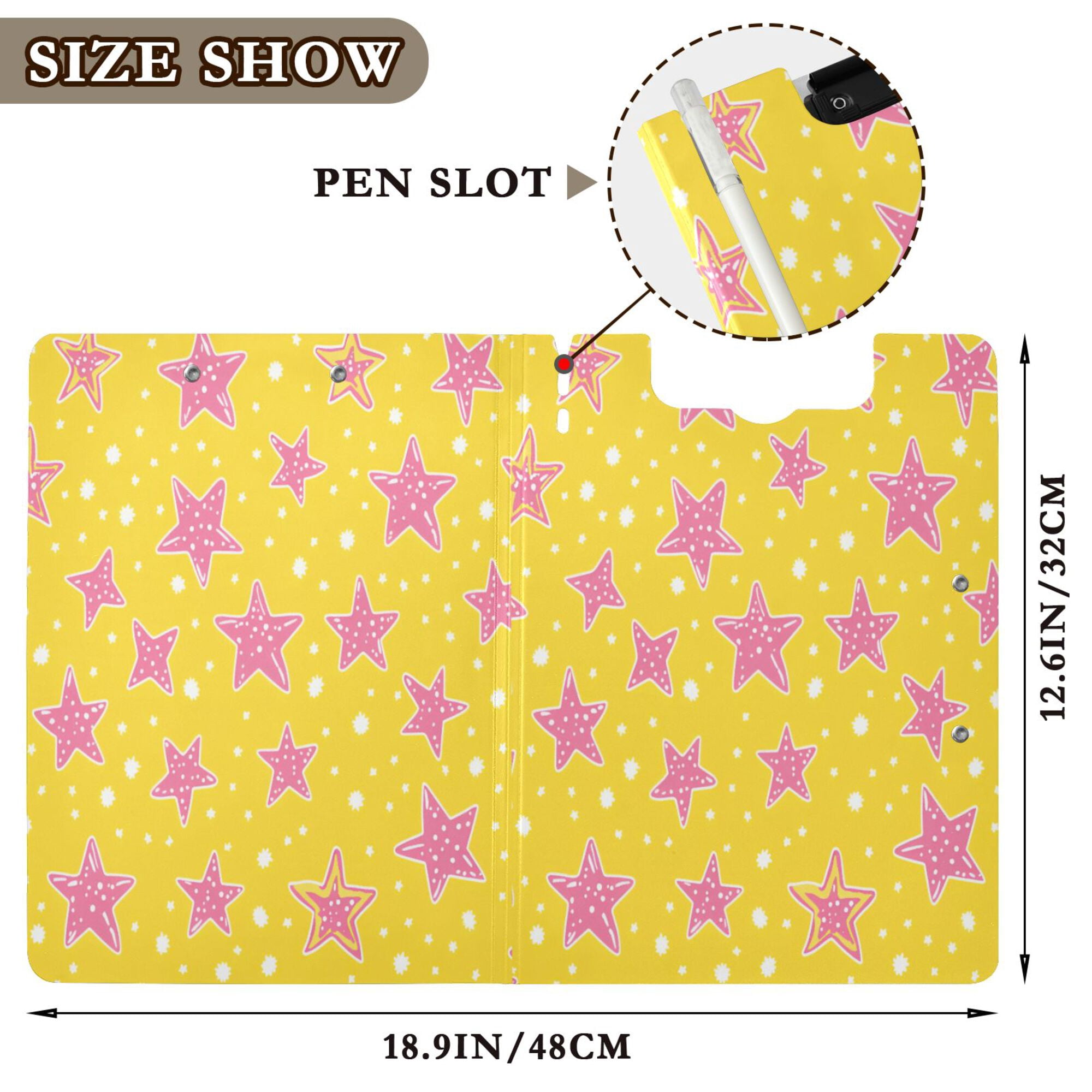 FORMRS A4 Clipboard Folder with Pen Holder Horizontal Foldable School Office Binder, Big Pink Stars Pattern