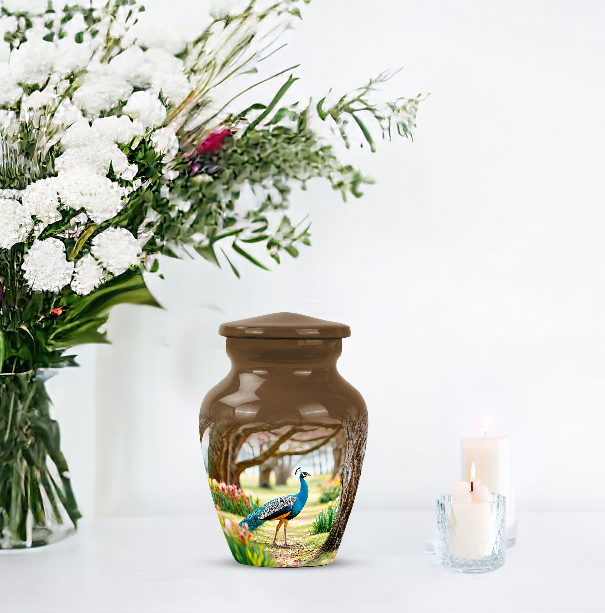 MUKTIVE Peacock Keepsake Urns for Human Ashes Adult Female 3 Inch, Colourful Flower Funeral Urn for Ashes Adult Male, Brown Cremains Ash Portable Urns