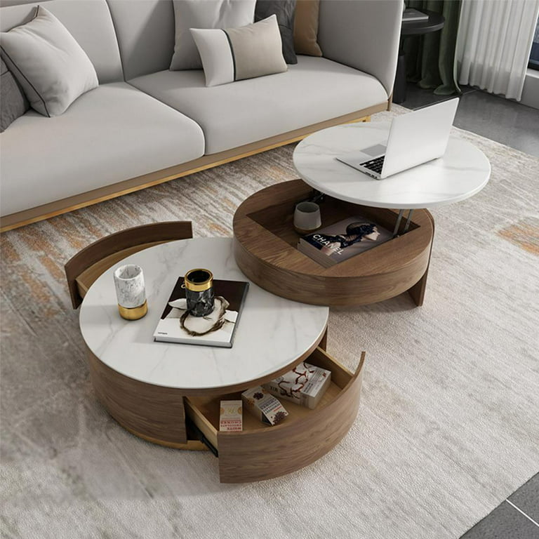 Set of 2 Modern Lift-Top Nesting Coffee Table with Storage, White