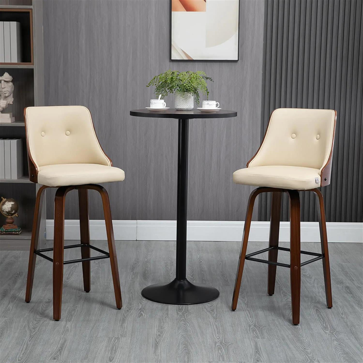 Demi Bonn Modern PU Leather Swivel Bar Stool Set of 4, Cushioned Bar Height Stool with Tufted Back and Solid Wood Legs for Kitchen, Dinning Room, Beige