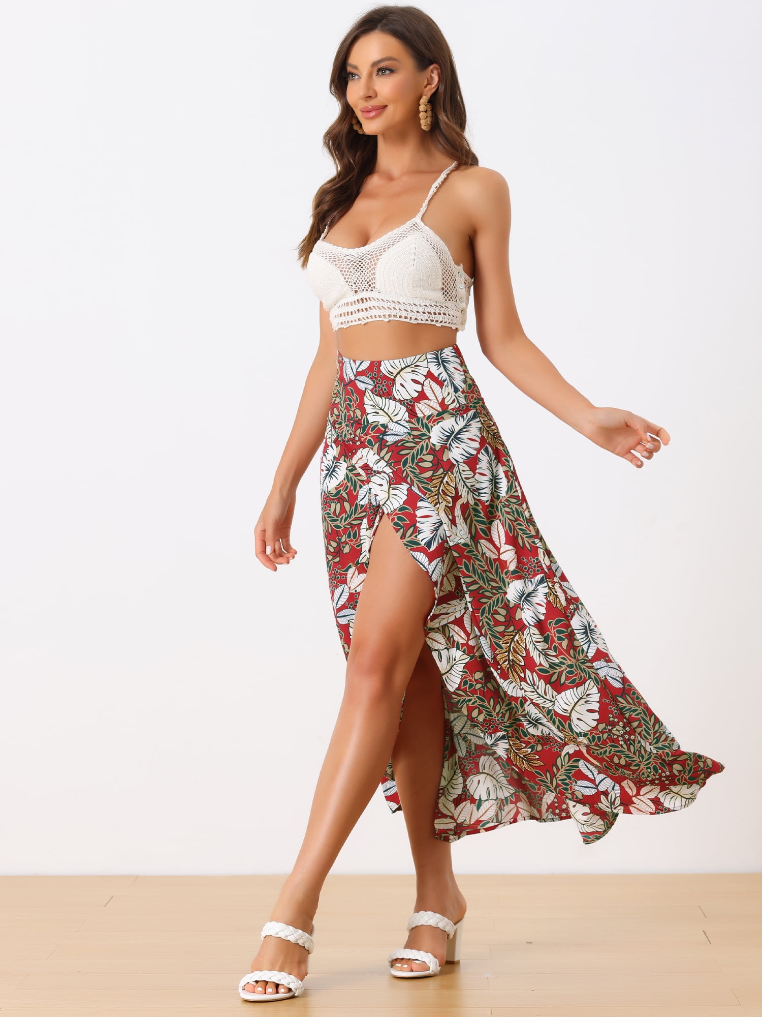 Unique Bargains Women's Summer High Waist Asymmetrical Tropical