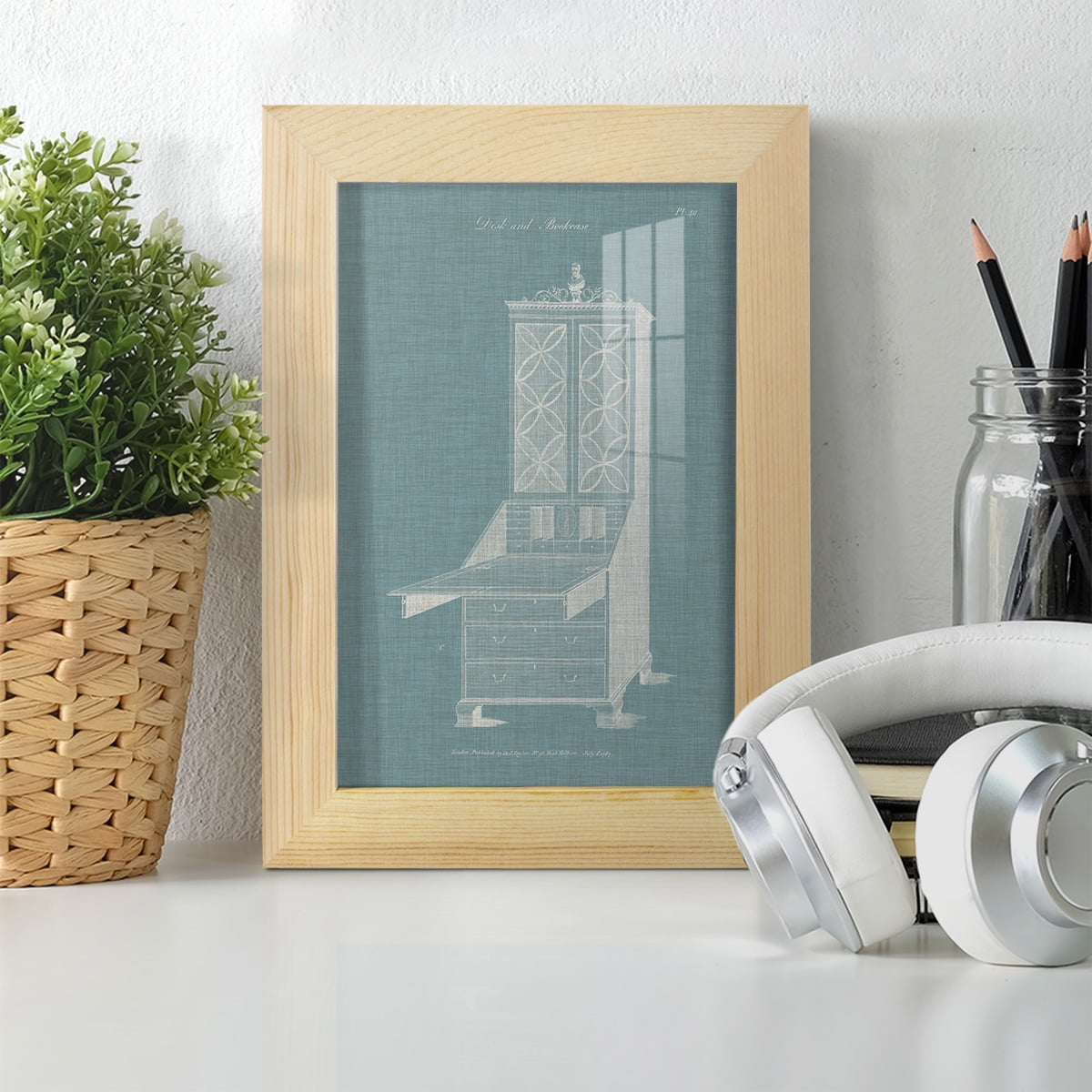 Hepplewhite Desk & Bookcase II - Framed Print w/glass - Natural Wood