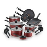 T-fal B165SI Initiatives Nonstick Inside and Out Dishwasher Safe 18-Piece Cookware Set, Red