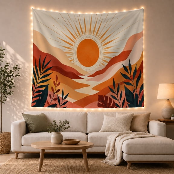Retro Sun with Rolling Hills and Tropical Leaves, Energetic Retro for Art Lovers, Sun Wall Art, Housewarming Gift, Tapestry Wall Hanging for Bedroom and Living Room