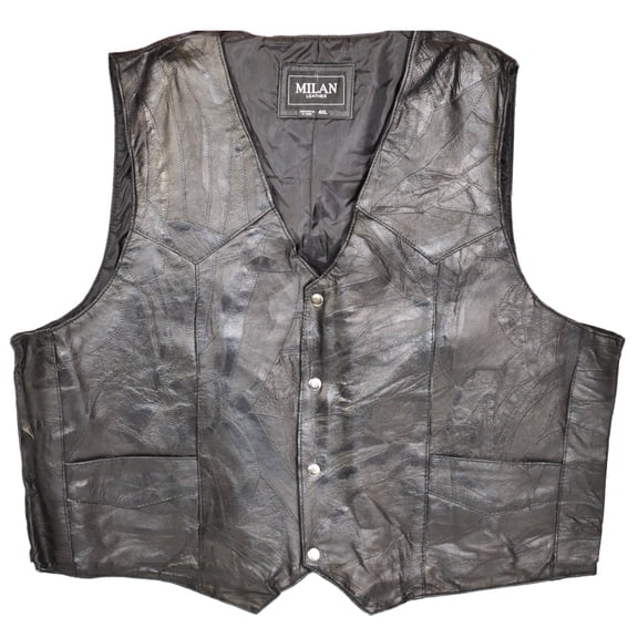 Men's Leather Vest Button Up Biker Motorcycle Jacket Sleeveless Leather Top, PW802, Black, 4XL