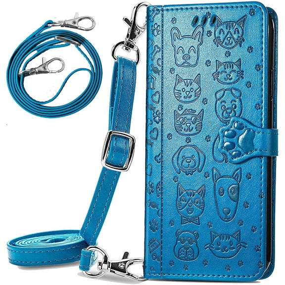 case for Samsung Galaxy S21 FE (Not S21) Crossbody Cell Phone Wallet Case,Cute Cat Dog Cartoon Style Flip with Removable Lanyard Strap with Card Holde Cover for Samsung Galaxy S21 FE MGG Blue