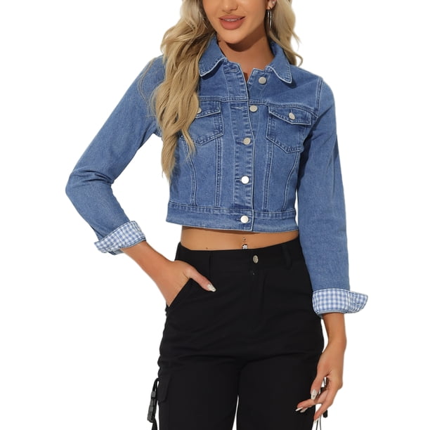 Chaquetas de mezclilla recortadas para mujeres INSPIRE CHIC con bolsillo en el pecho, con ribete de cuadros, chaqueta de jean con botones, L azul claro