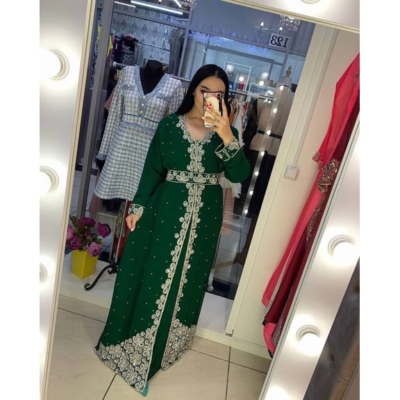 GREEN HANDCRAFTED ZARI WORK STITCHED GEORGETTE KAFTAN PARTY DRESS