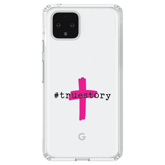 DistinctInk Clear Shockproof Hybrid Case for Google Pixel 4 (6.1" Screen) - TPU Bumper Acrylic Back Tempered Glass Screen Protector - #truestory - Cross - Christian - Hot Pink