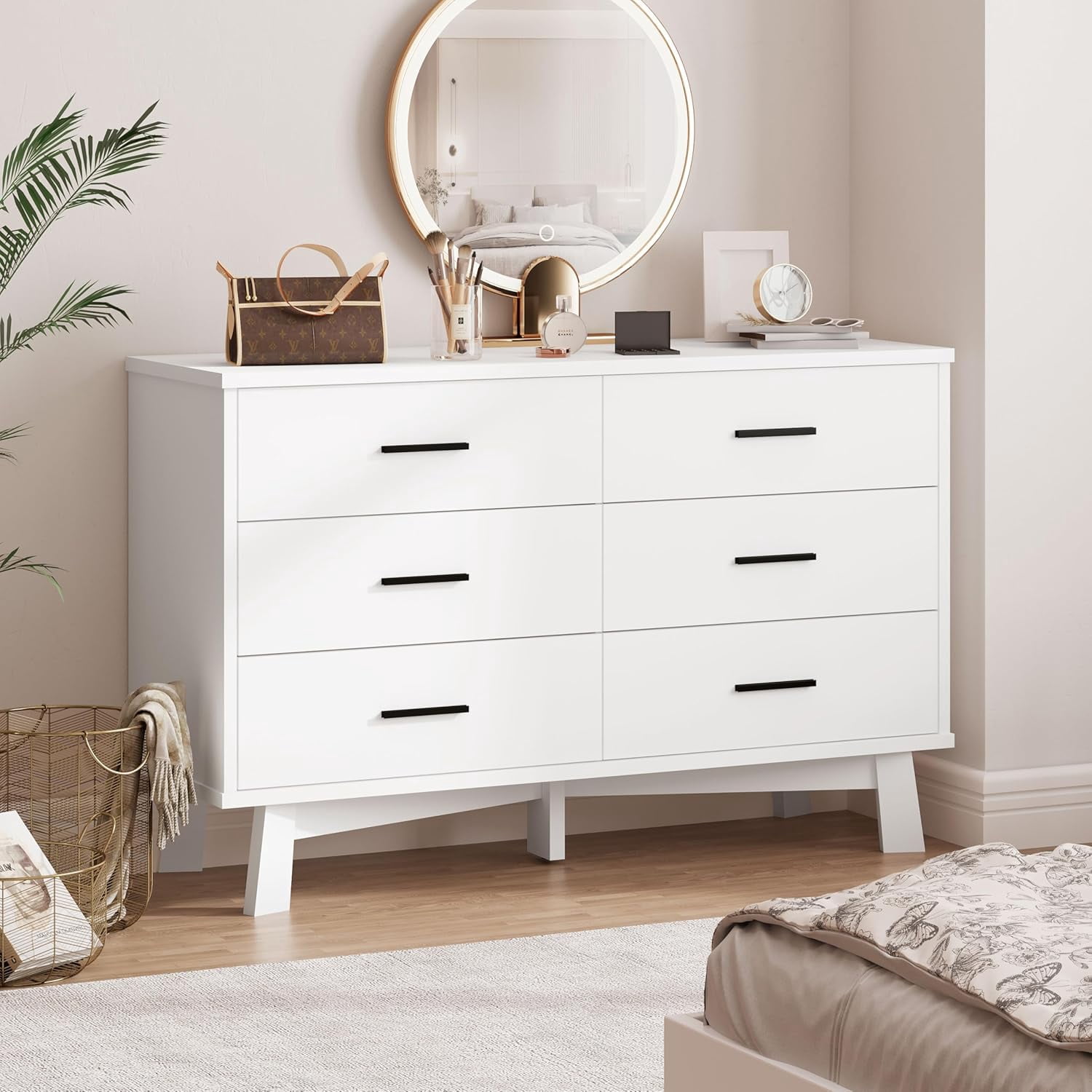 FANRAL 6 Drawer Dresser for Bedroom,Wood Modern Chest of Drawers with X-Shaped Sturdy Base,White Dresser