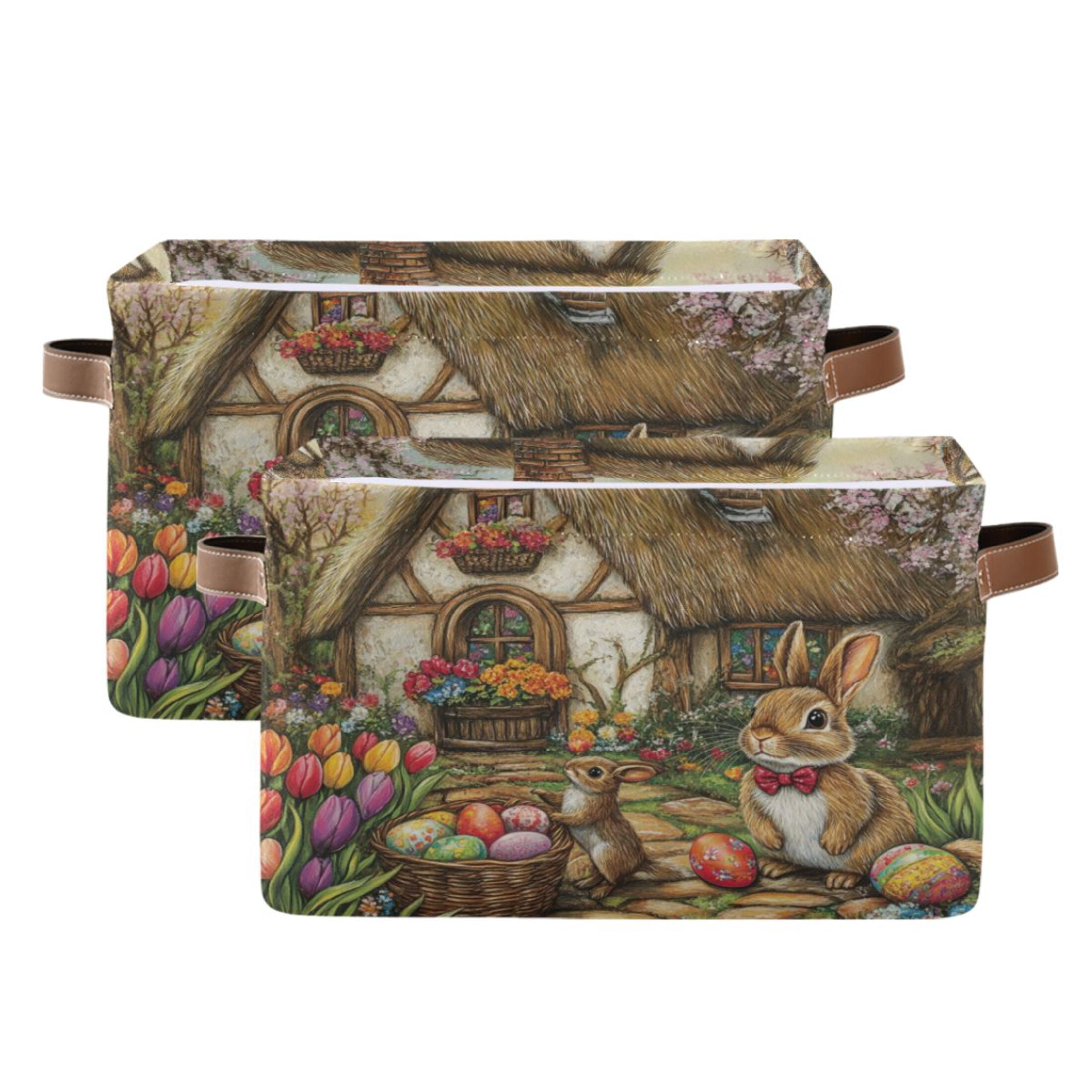 WOBOGO Easter Cozy Cabin Square Storage Basket with Waterproof Canvas and PE Lining Durable PU Leather Handles 14.2×10.2×8.3in