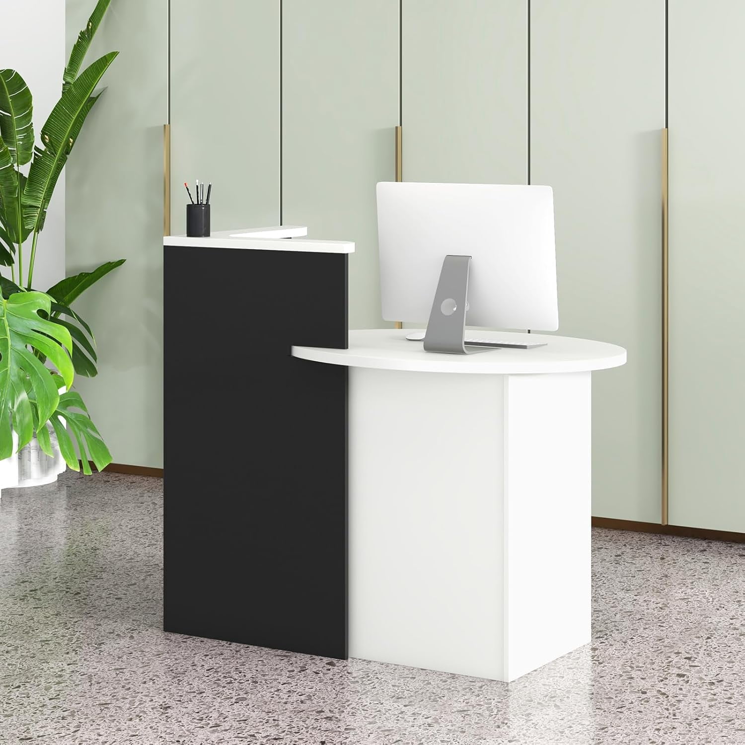 Reception Desk, Small Retail Checkout Counter with Lockable Drawer and Open Shelves, Wooden Front Desk Reception Counter, Oval Desktop & L Counter for Store Office Lobby Salon (Black)