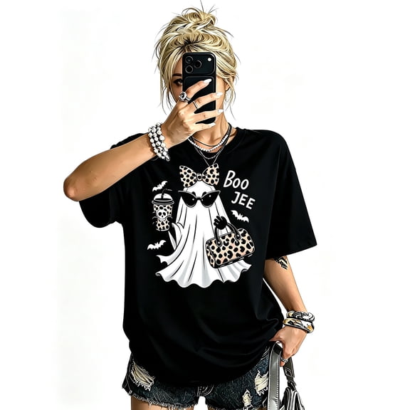 Women's Black Crew Neck Oversized Graphic T‑Shirt, Boo Jee Ghost Leopard Halloween Short Sleeve Tee