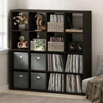 Furinno CUBICLE Vintage Vinyl Record Media Storage Organizer 16-Cube Dark Oak