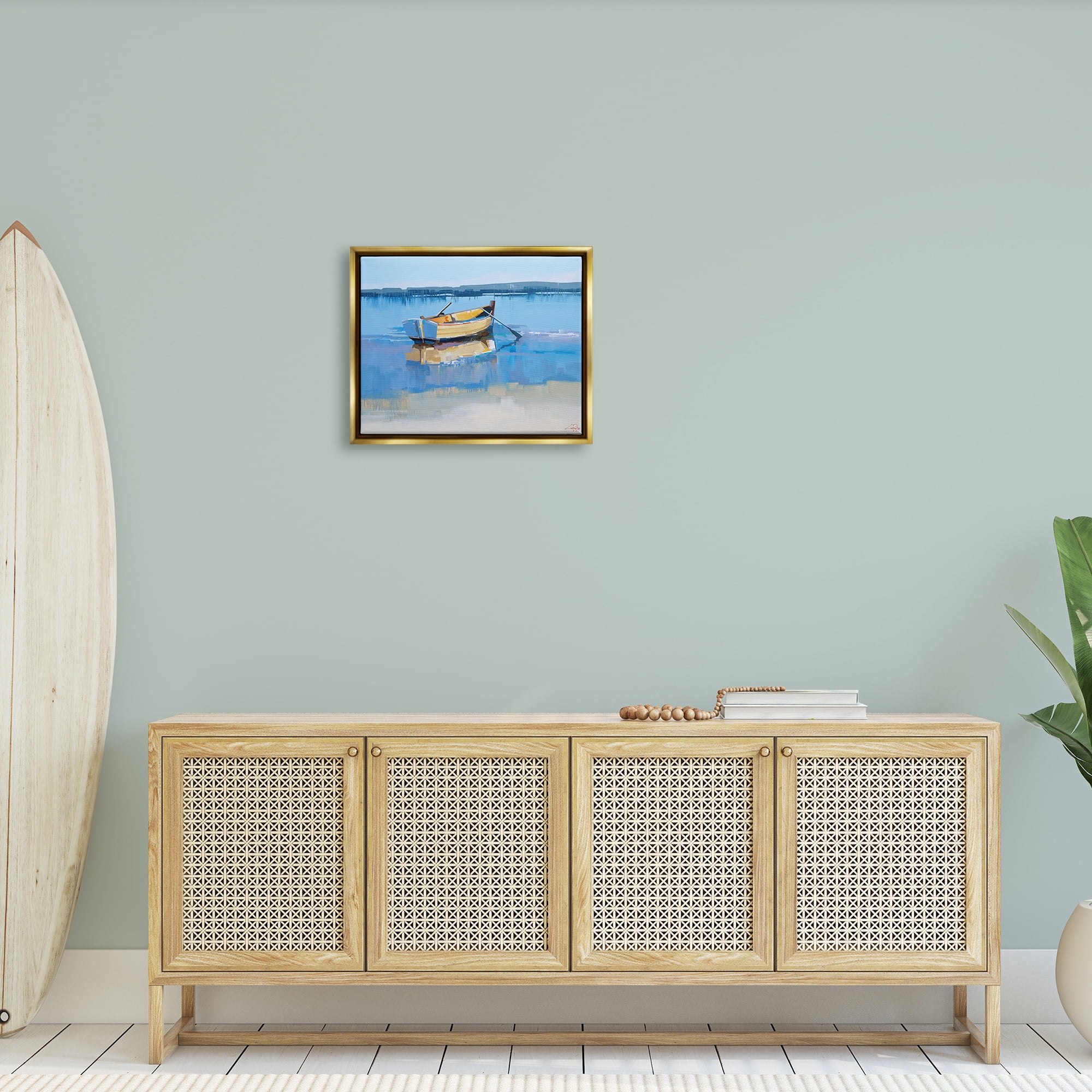 Stupell Industries Row Boat on Blue Coastal Shore Beach Landscape Metallic Gold Framed Floating Canvas Wall Art, 16x20, by Craig Trewin Penny