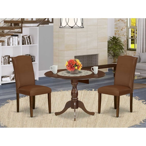 East West Furniture DMEN3-MAH-66 3 Piece Modern Dining Table Set Consists of 1 Drop Leaves Wooden Dining Table and 2 Brown Faux Leather Dining Chairs High Back with Nail Heads - Mahogany Finish