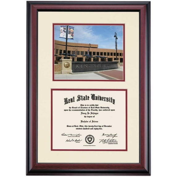 OCM Diploma Frame for Kent State KSU, Ivory/Maroon Mat with Risman Plaza Photograph, 24" x 17"