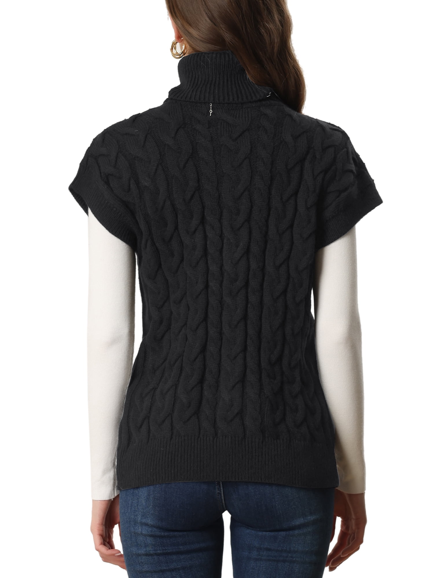 Unique Bargains Women's Solid Turtleneck Sleeveless Pullover Cable Knit Sweater M Black