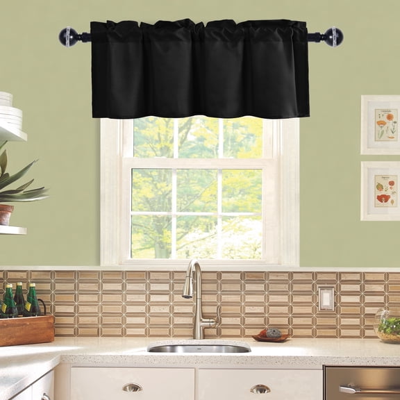 JIUZHEN Valance Curtains for Kitchen Window Valances for Living Room/Basement Window Curtains Bathroom Thermal Insulated Short Rod Pocket Curtain Panels, Black,42 x 18 Inches,1 Panel