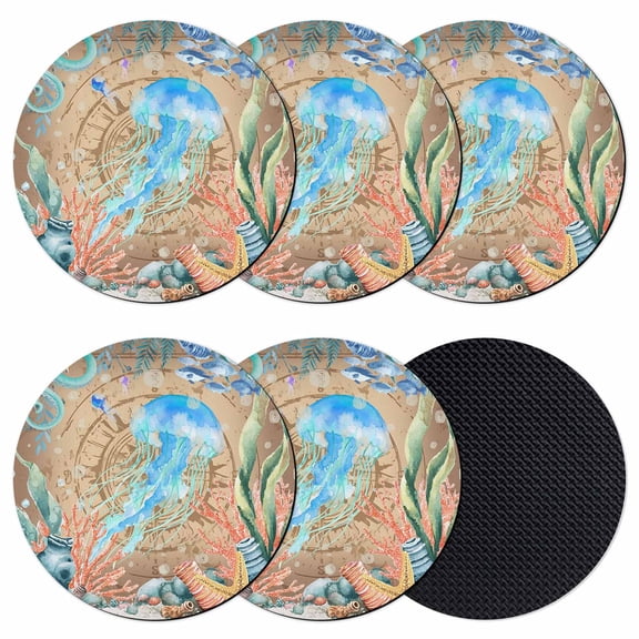 Jellyfish Coastal Coasters Set of 6, Absorbent Coasters for Drinks, Summer Nautical Starfish Coral Brown Anchor Coaster for Desk Coffee Table Protection, Home Decor House Warming Gifts 4"