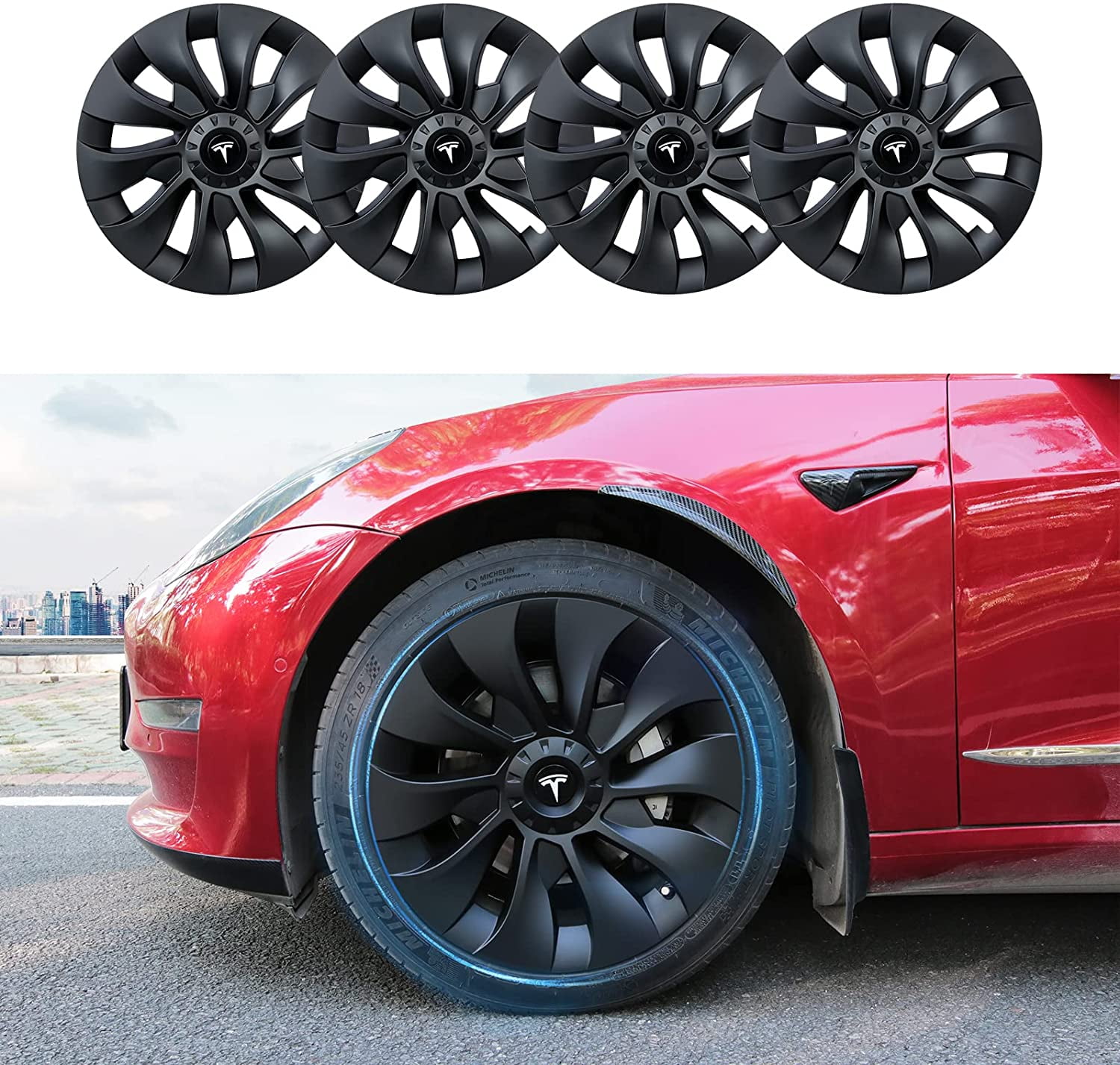 Fits Tesla Model 3 Wheel Cover Hubcap 18 Inch Matte Black Support Logo