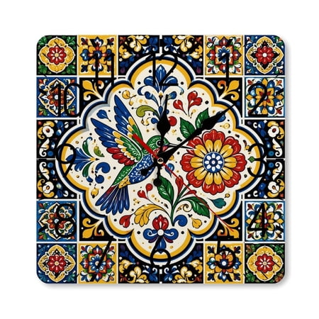 RKSupls 10×10inch Square Silent Wall Clock Wooden Frame, Talavera Hummingbird Flower Frame Scale Decorative Clock for Home Bedroom Living Room Office