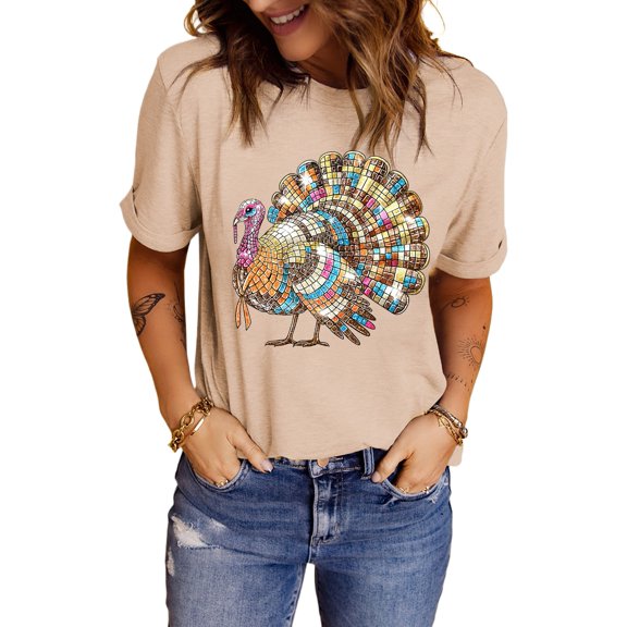 Women's Khaki Thanksgiving Turkey Print Round Neck T-Shirt for Festive Celebrations | [ZhiHiMeRi] | (US 20-22)2XL