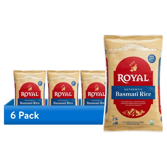 (6 pack) Authentic Royal Naturally Aged Indian White Basmati Rice, Long-Grain, Gluten-free - 5 lbs