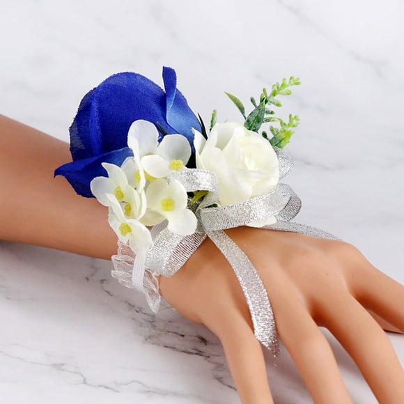 jiacuix Artificial Flowers Fake Flower Blue Wrist Flower And Corsage, Corsage Prom Decoration, Rose Corsage, Wrist Flower Corsage Wristband Set For Wedding Anniversary Prom Party Home Decor B
