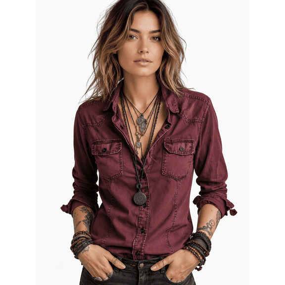 Tbfashion Womens Button Front Collared Shirt Long Sleeve Chest Pocket Western Inspired Top