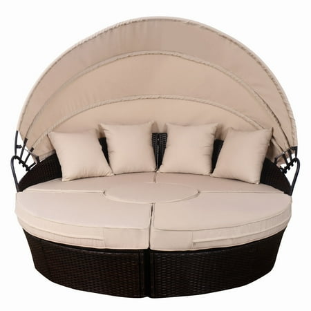 - GHP PE Rattan Wicker Brown Polyester Fabric Daybed with Retractable Canopy & Pillows