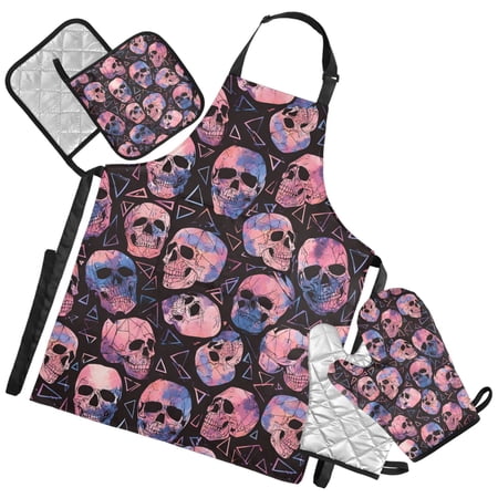 Ryvnso Cool Neon Skull Kitchen Apron Oven Mitts Set Pot Holders