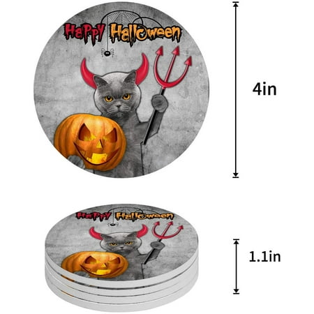 

FMSHPON Halloween Devil Cat Holding Pumpkin Set of 6 Round Coaster for Drinks Absorbent Ceramic Stone Coasters Cup Mat with Cork Base for Home Kitchen Room Coffee Table Bar Decor
